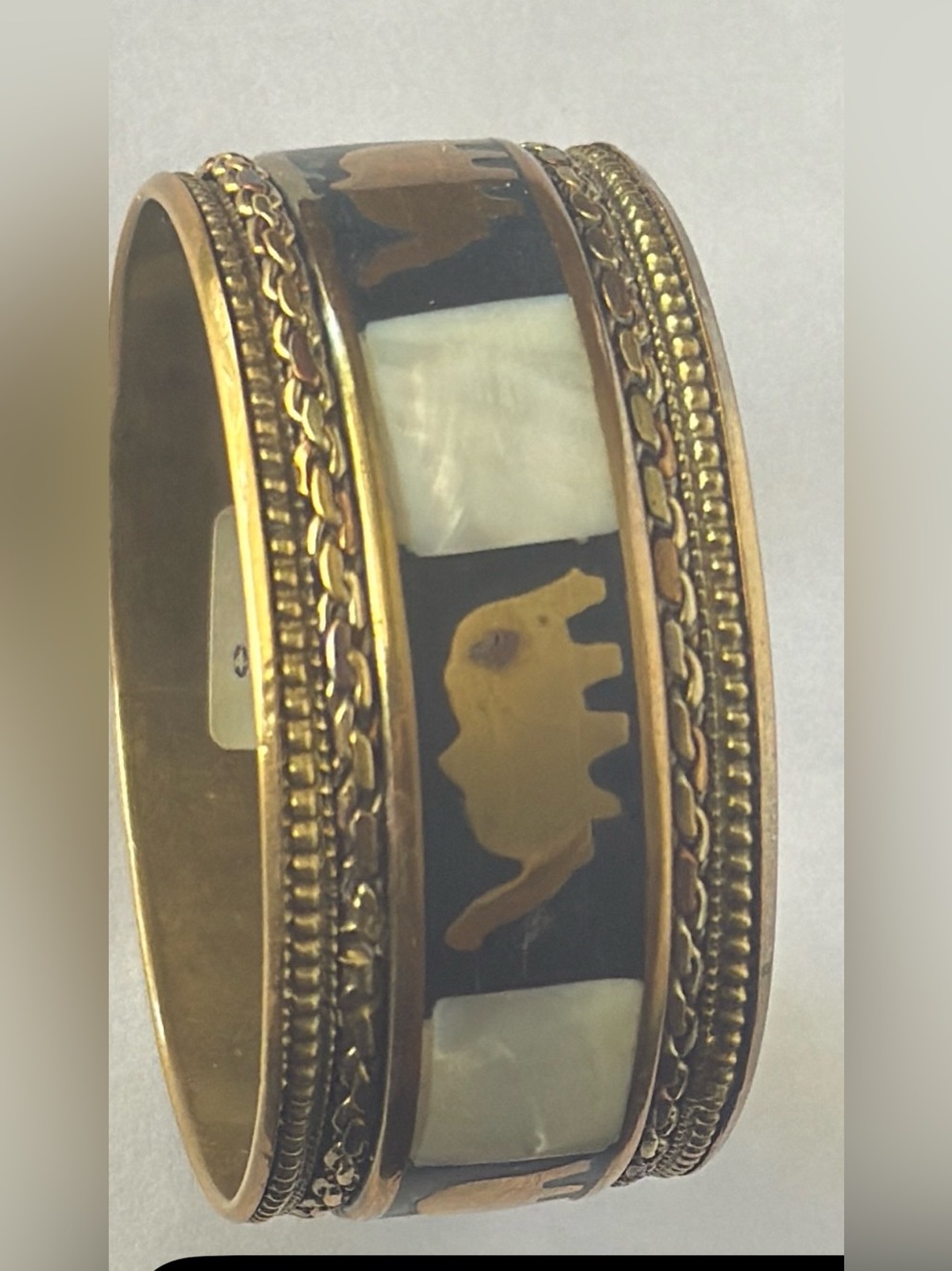 Vintage Brass Elephant & Mother of Pearl Inlay Bangle Bracelet
